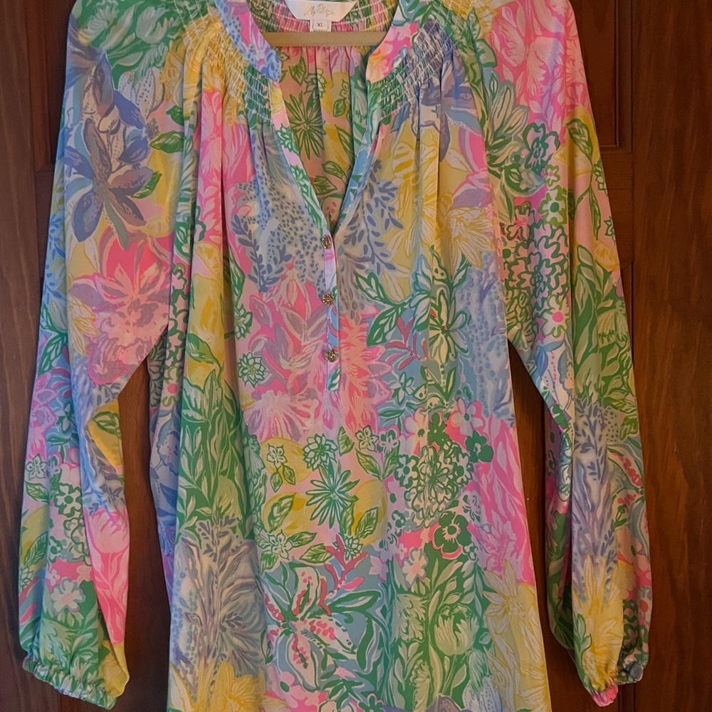 Lilly Pulitzer silk Elsa Vibrant Floral Tunic in Pink, Green, and Yellow
